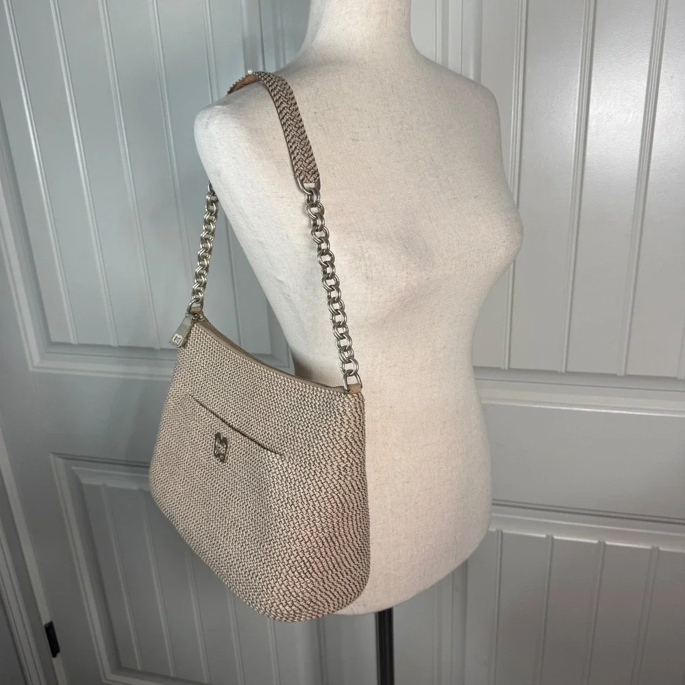 Eric Javits Powchky Shoulder Bag Womens Beige Woven Coastal Resort Chain Strap